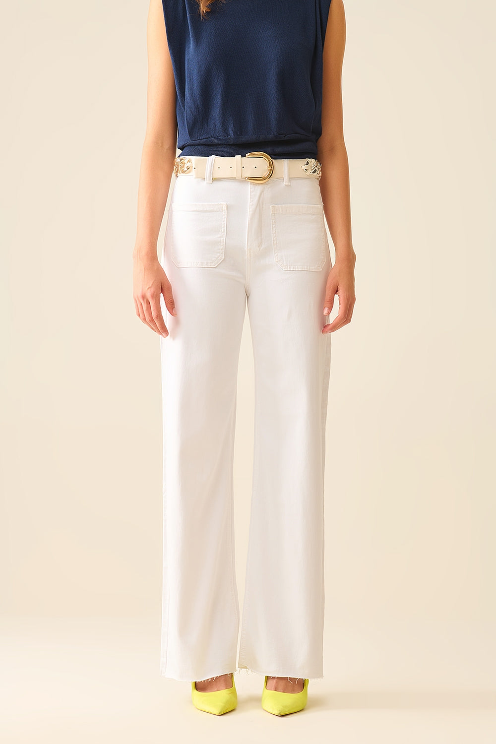 White Straight Leg pants With Front Pockets - Coloured Jeans
