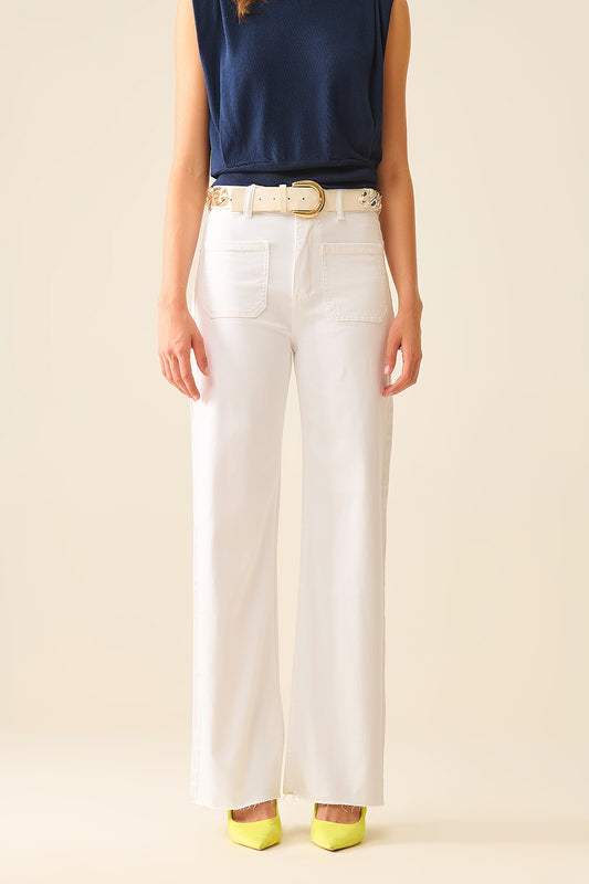 White Straight Leg pants With Front Pockets - Coloured Jeans