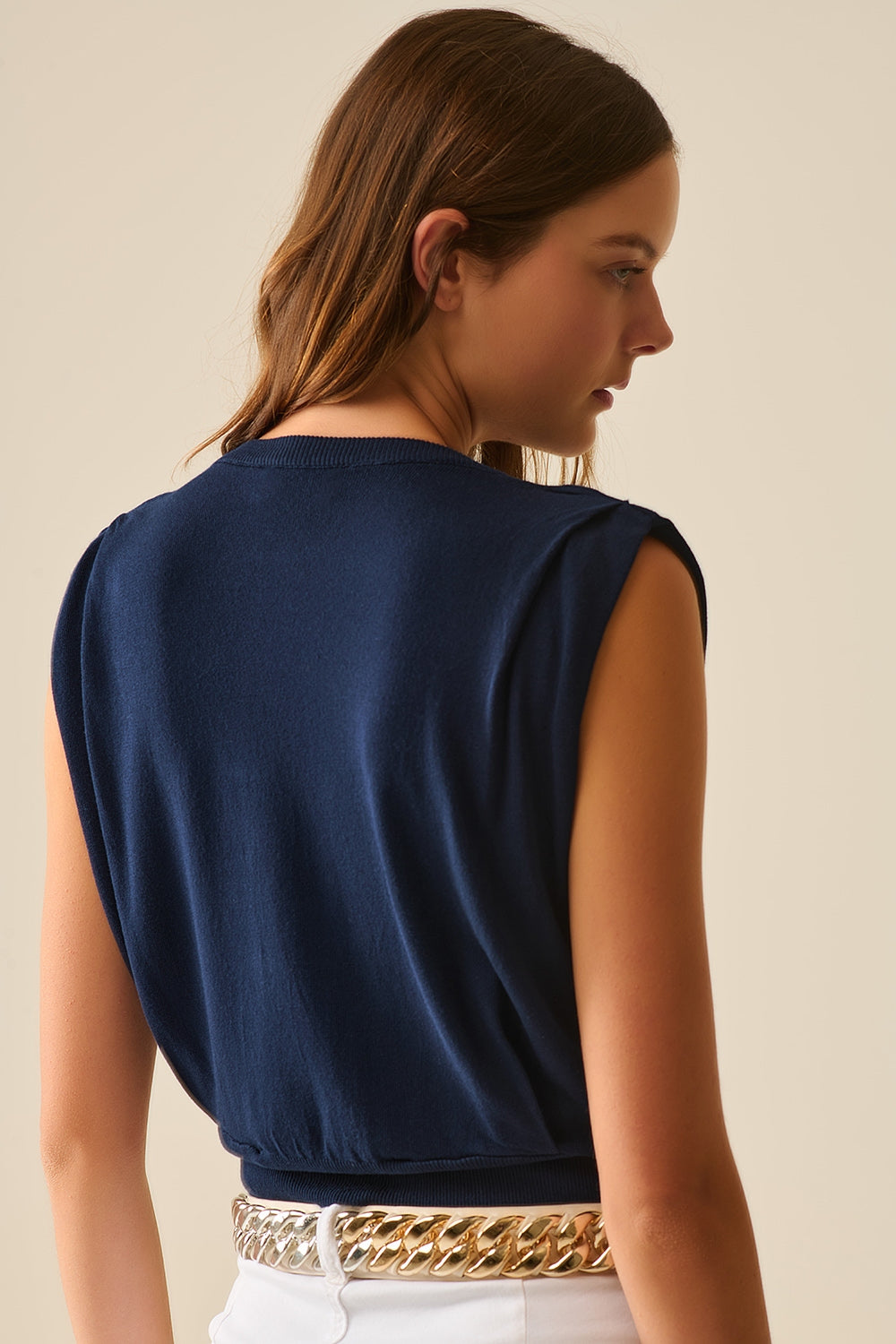 Sleeveless Knited Top With Shoulder Drape in Navy - jumper