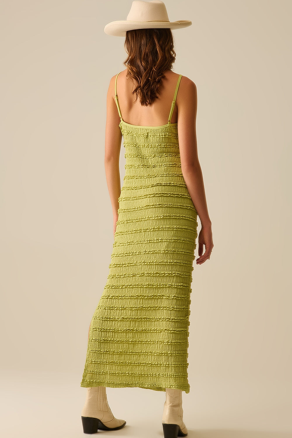 Ruffle Maxi Dress With Slit in Green color - dress