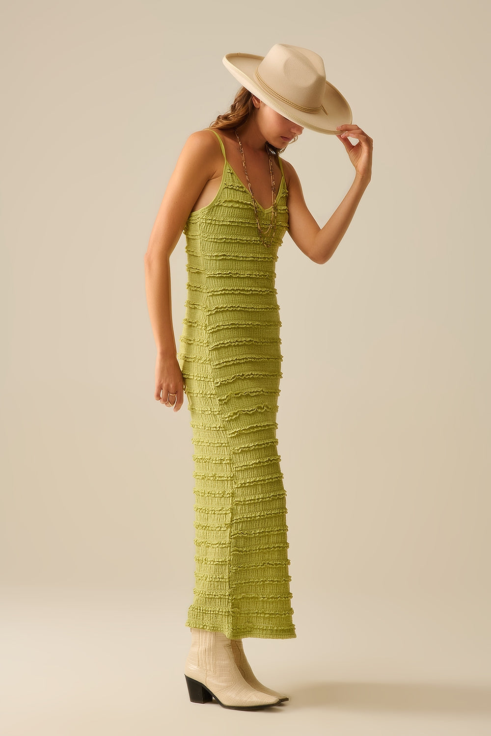 Ruffle Maxi Dress With Slit in Green color - dress