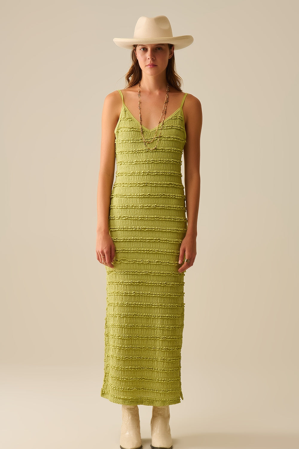 Ruffle Maxi Dress With Slit in Green color - dress