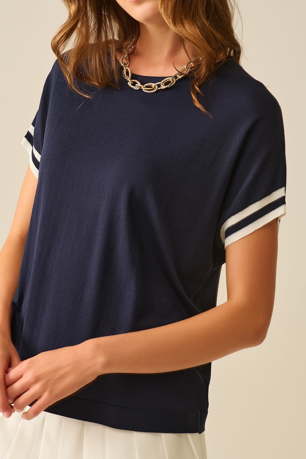 Navy Relaxed Sweater with White Contrast Detail