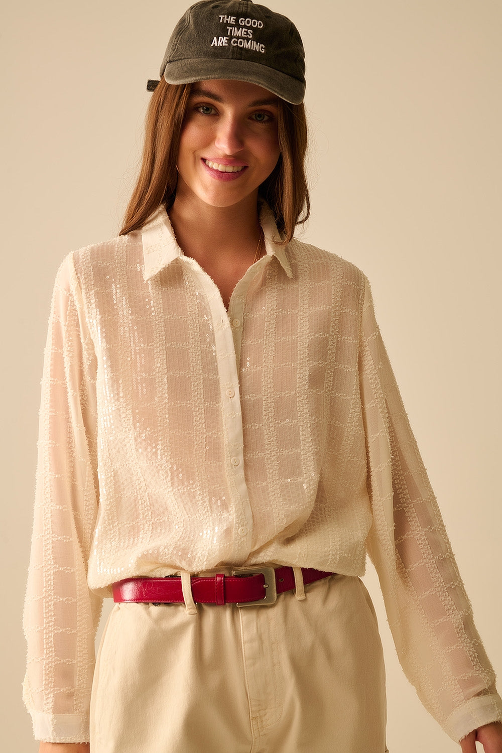 beige chiffon shirt with sequin detail - Shirts