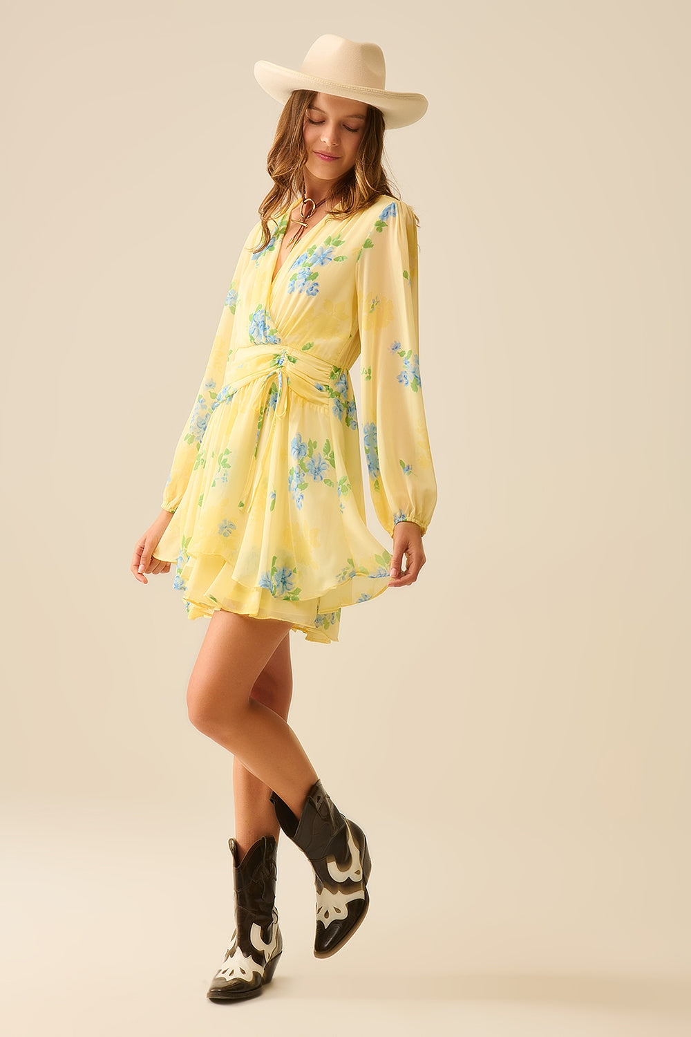 Butter yellow spring mini dress with ruched design - dress