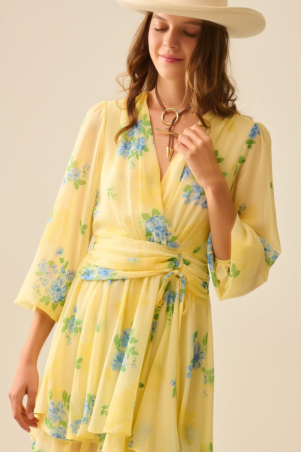 Butter yellow spring mini dress with ruched design - dress