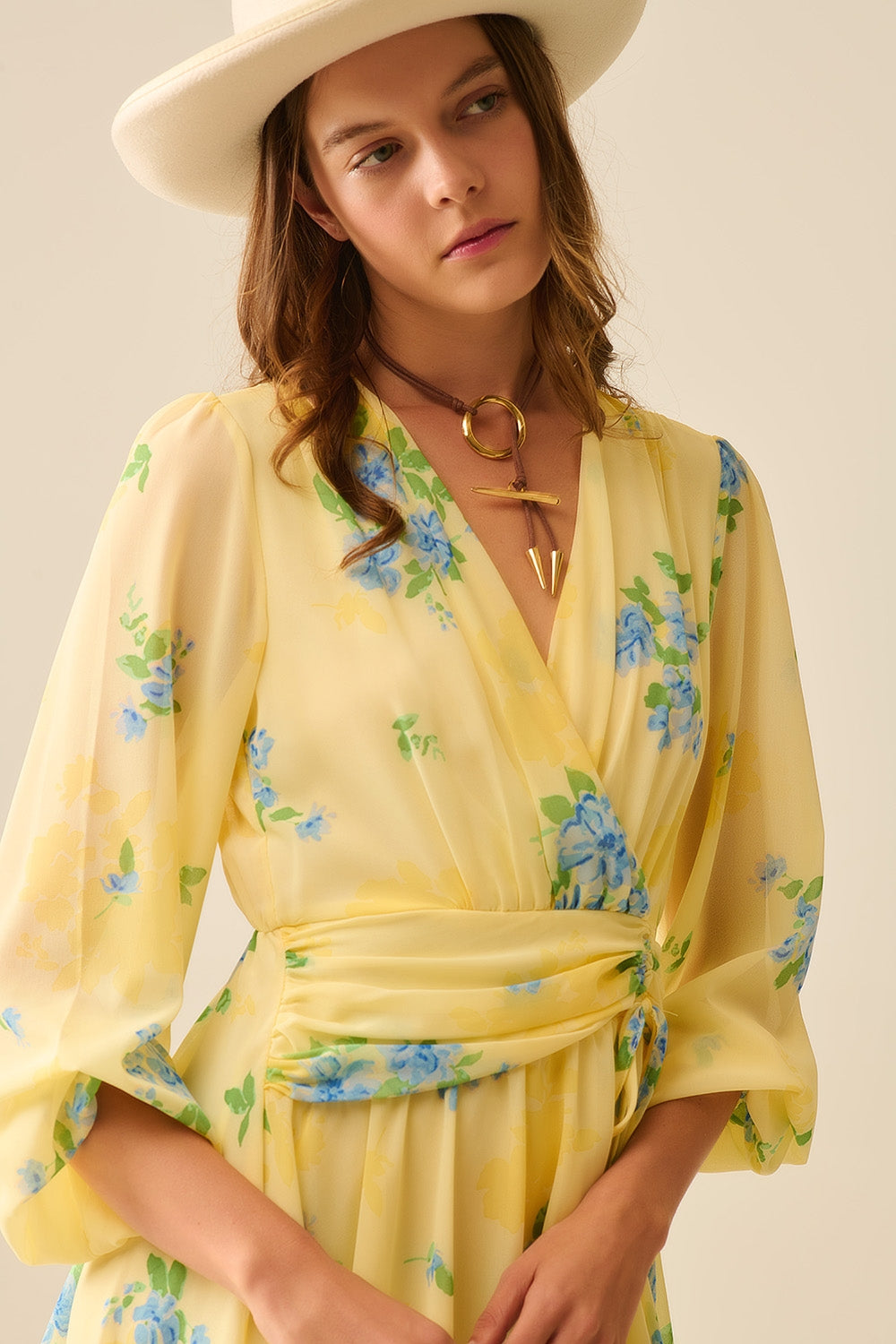 Butter yellow spring mini dress with ruched design - dress