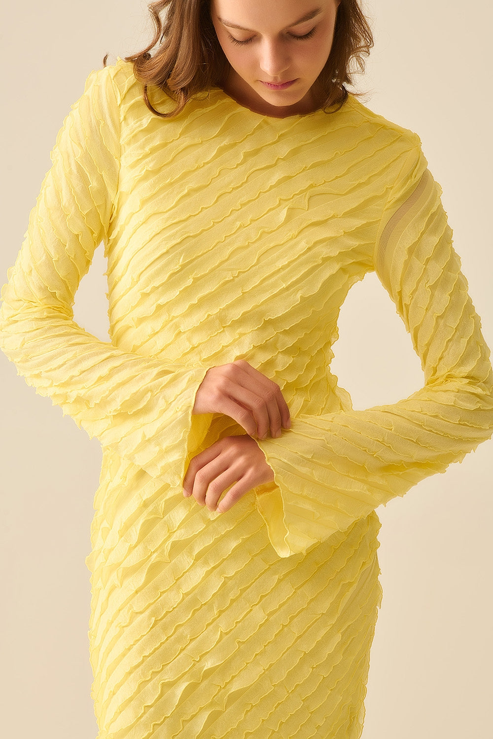 Butter Yellow Maxi Dress With Bias mini Ruffle Design - dress