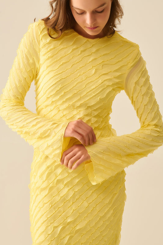 Butter Yellow Maxi Dress With Bias mini Ruffle Design - dress