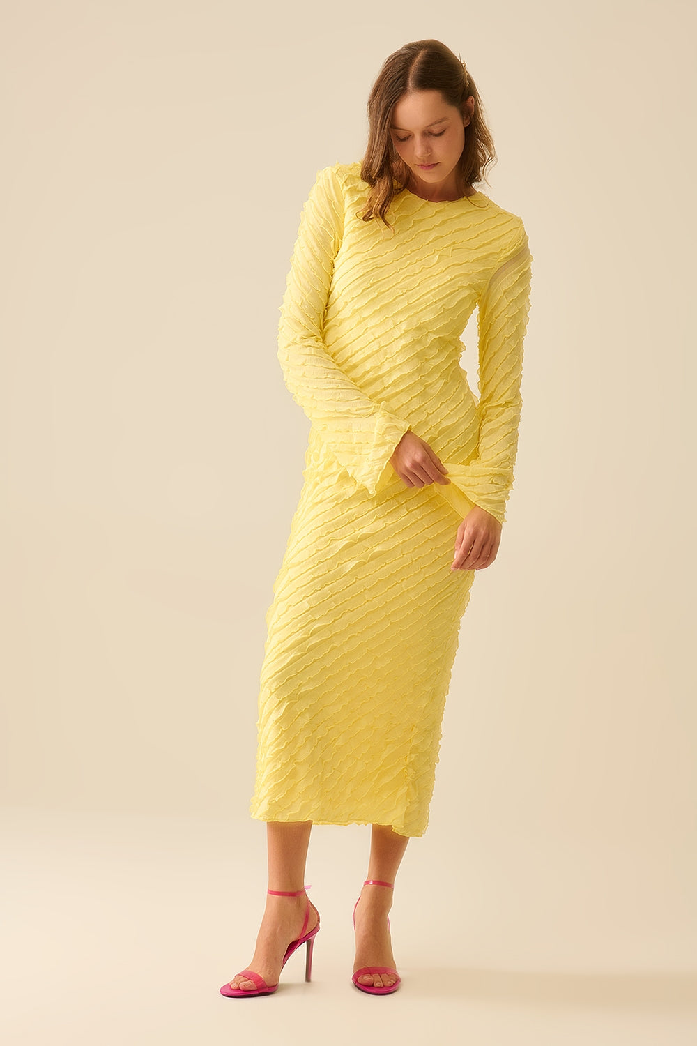 Butter Yellow Maxi Dress With Bias mini Ruffle Design - dress