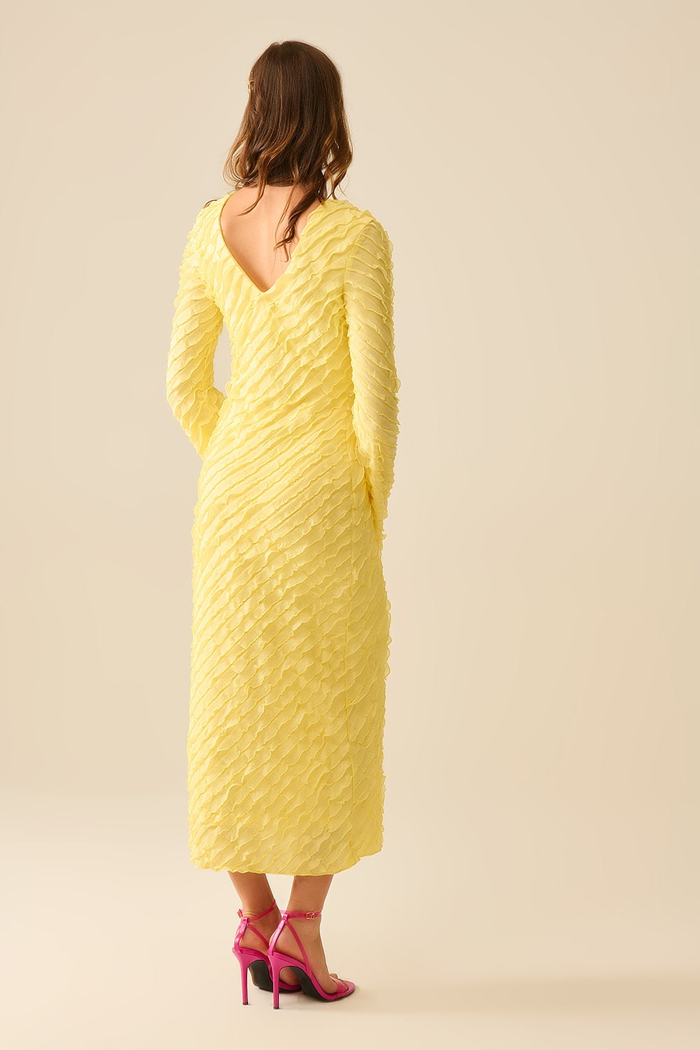 Butter Yellow Maxi Dress With Bias mini Ruffle Design - dress