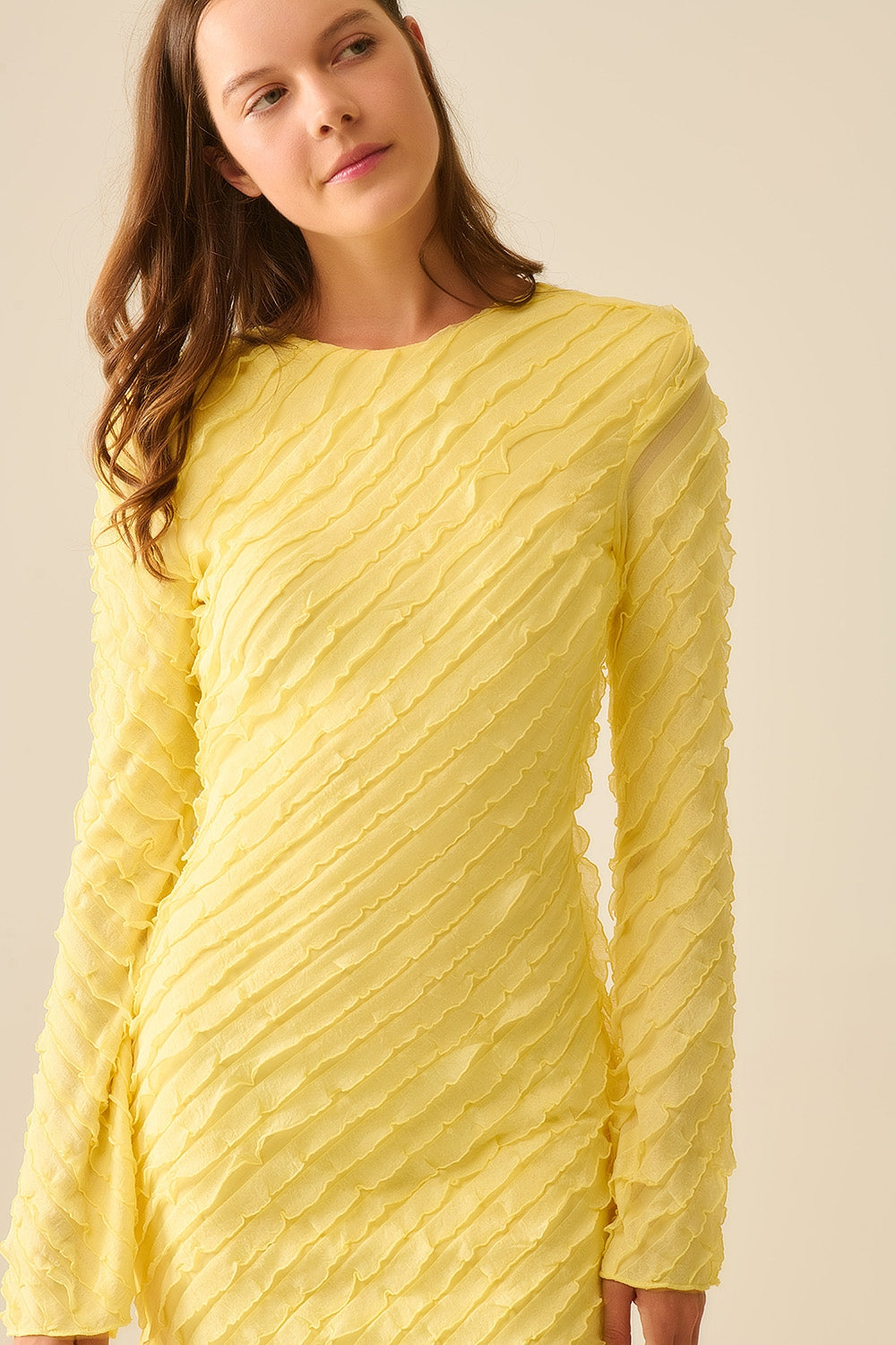 Butter Yellow Maxi Dress With Bias mini Ruffle Design - dress