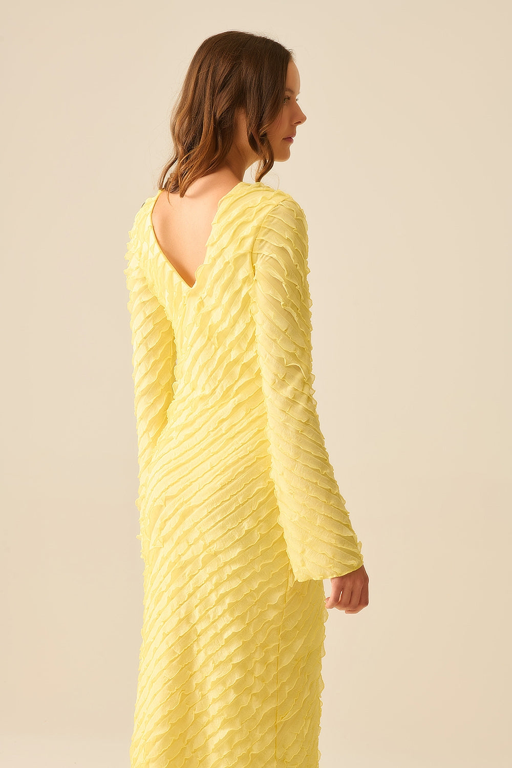 Butter Yellow Maxi Dress With Bias mini Ruffle Design - dress