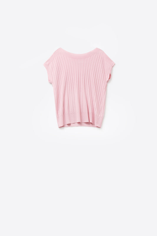 Pink fine Rib knitted Sweater with boat neck - Jumpers