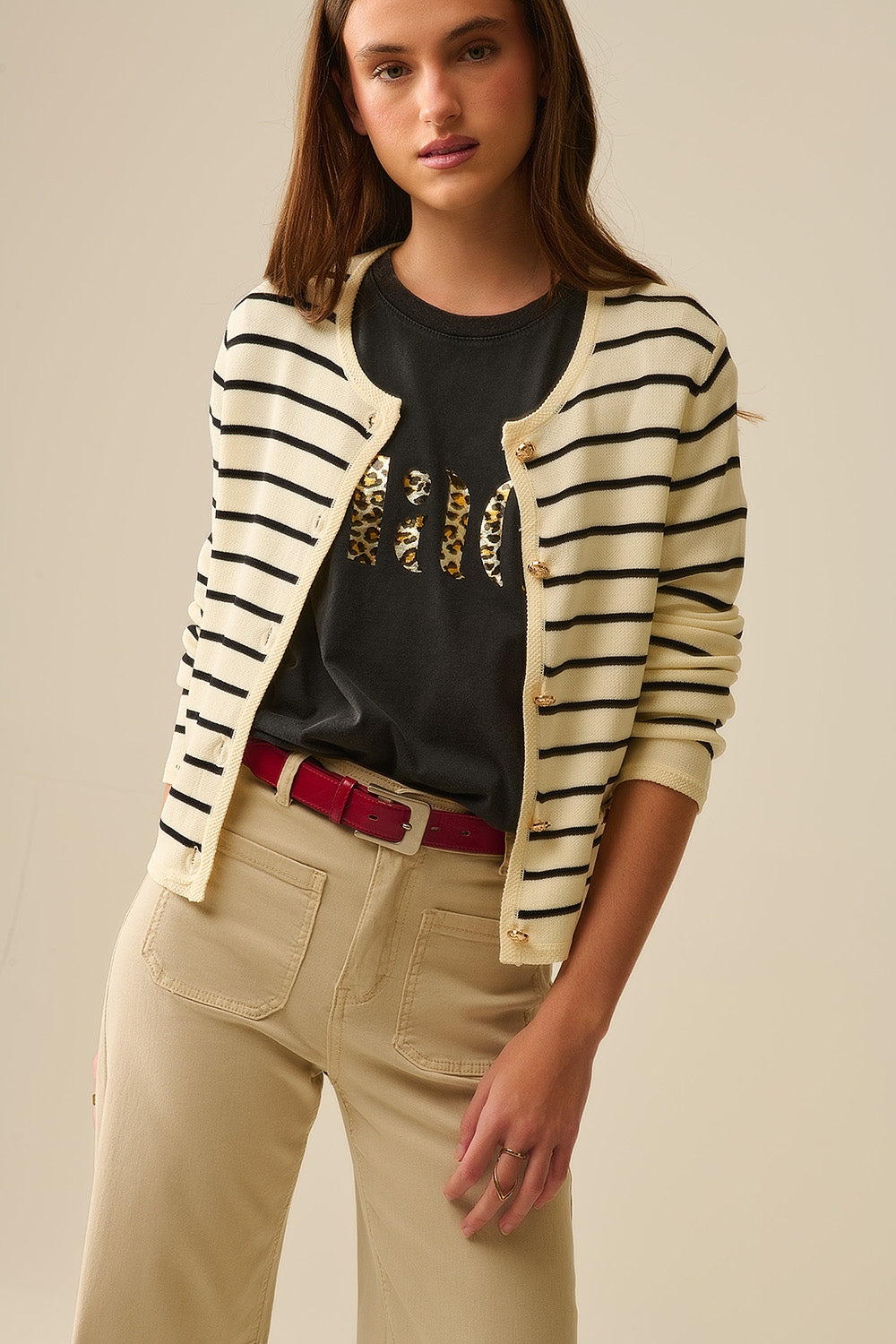 Cream Cardigan with Black Stripes and Gold Buttons
