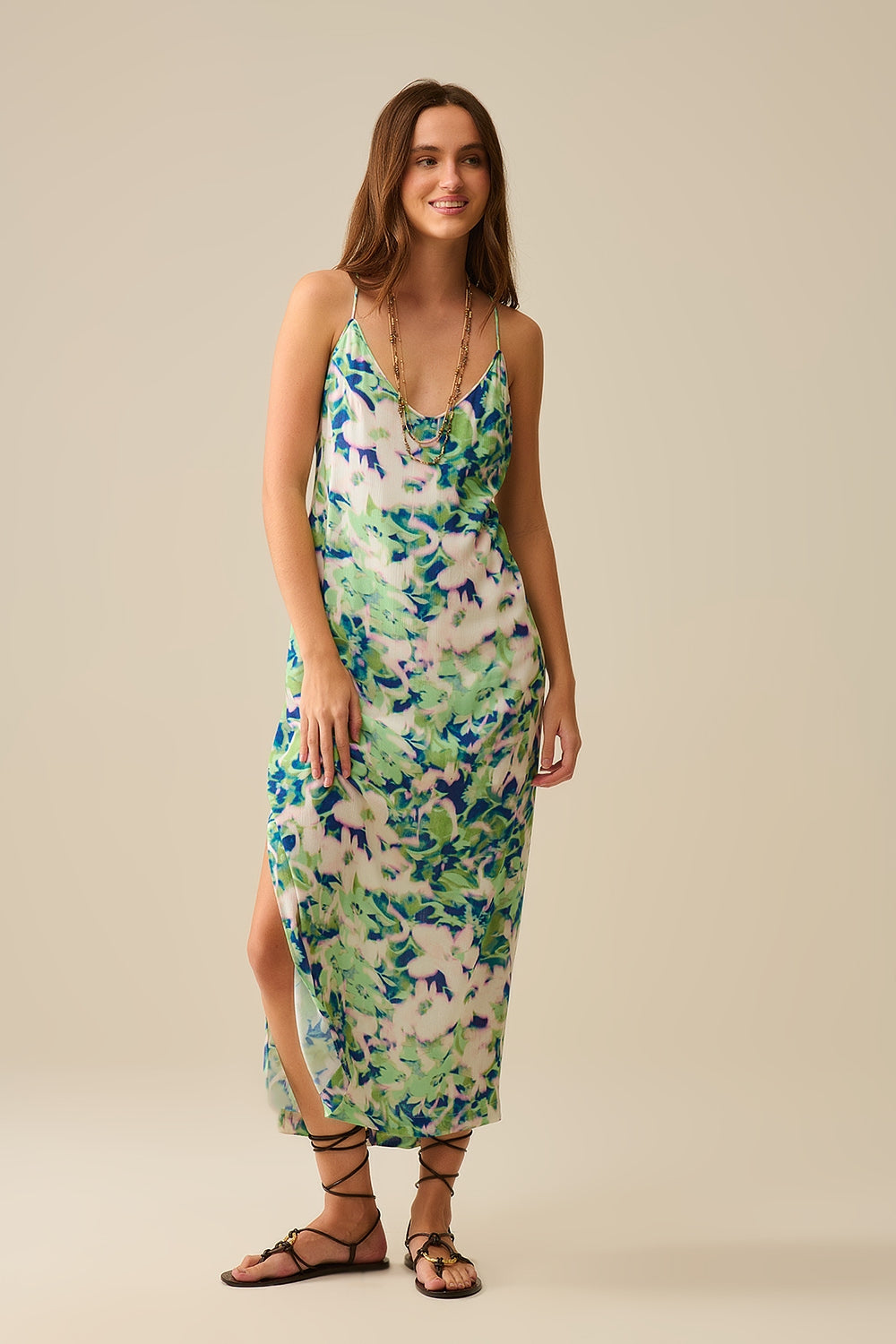 long green floral print dress with wide back neckline - dress