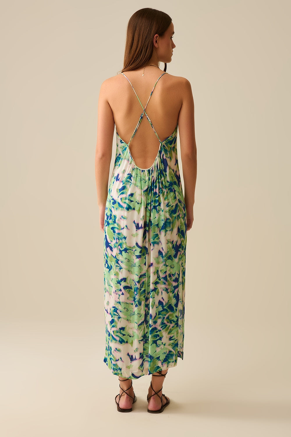 long green floral print dress with wide back neckline - dress