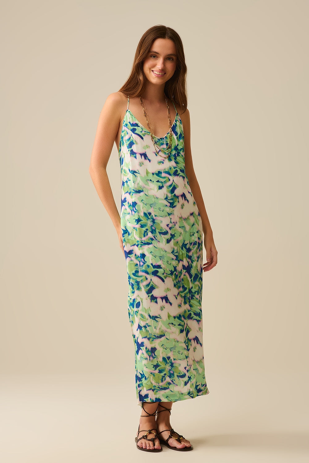 long green floral print dress with wide back neckline - dress