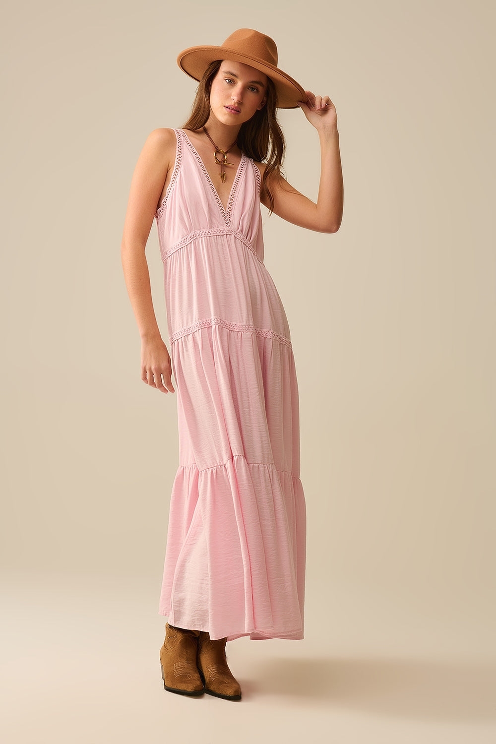Pink Maxi Dress With Lace Details and boho style - dress