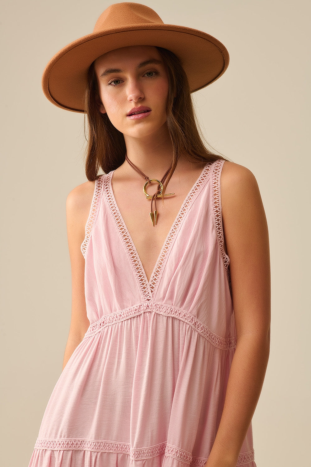 Pink Maxi Dress With Lace Details and boho style - dress