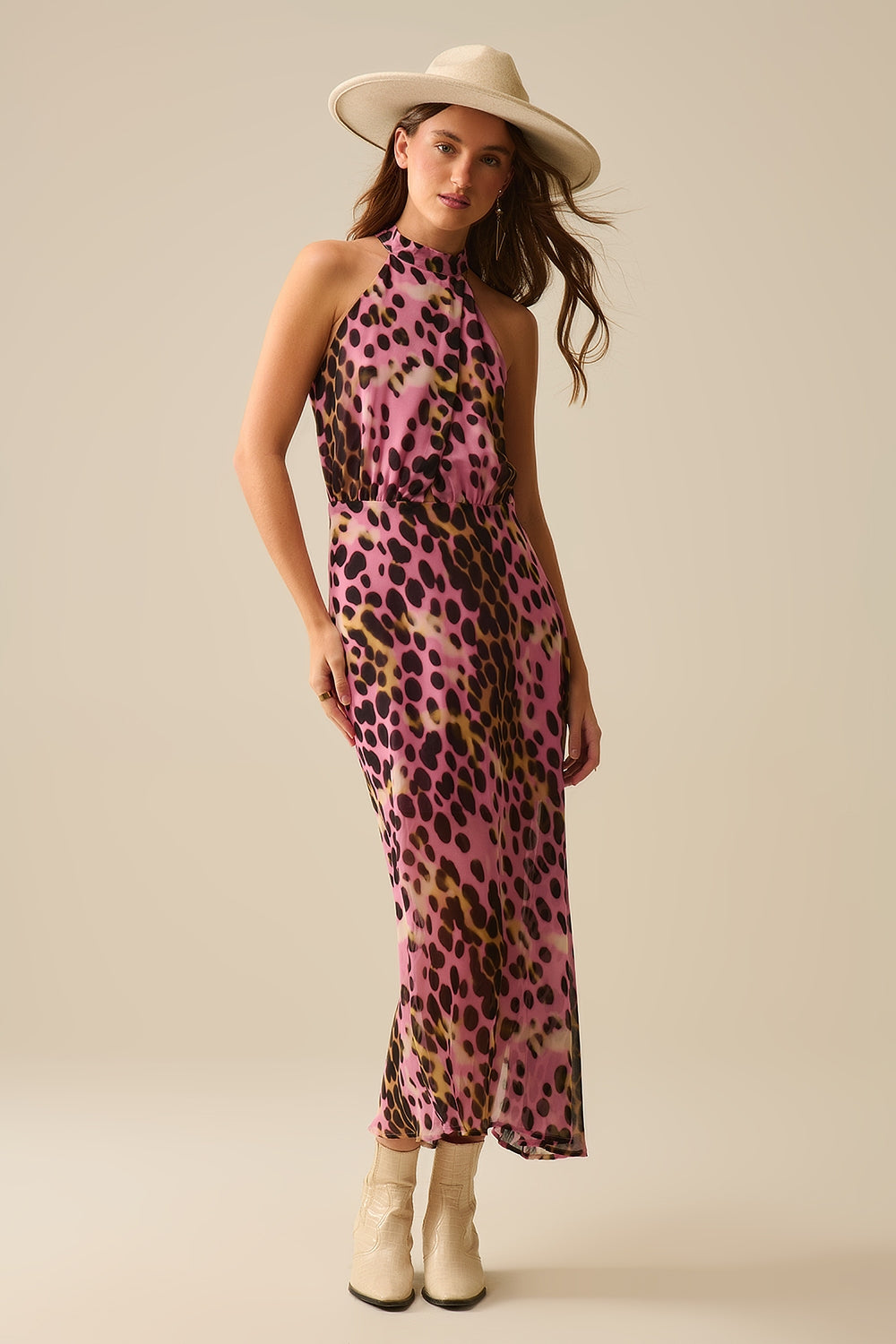Crossed halter Neck Midi Dress in Pink and Black Animal Print - dress
