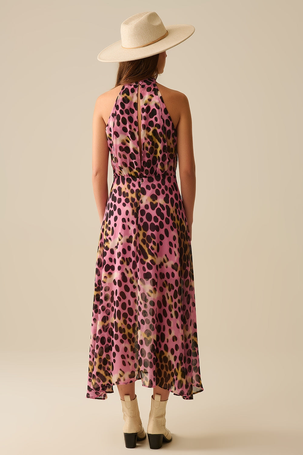 Crossed halter Neck Midi Dress in Pink and Black Animal Print - dress