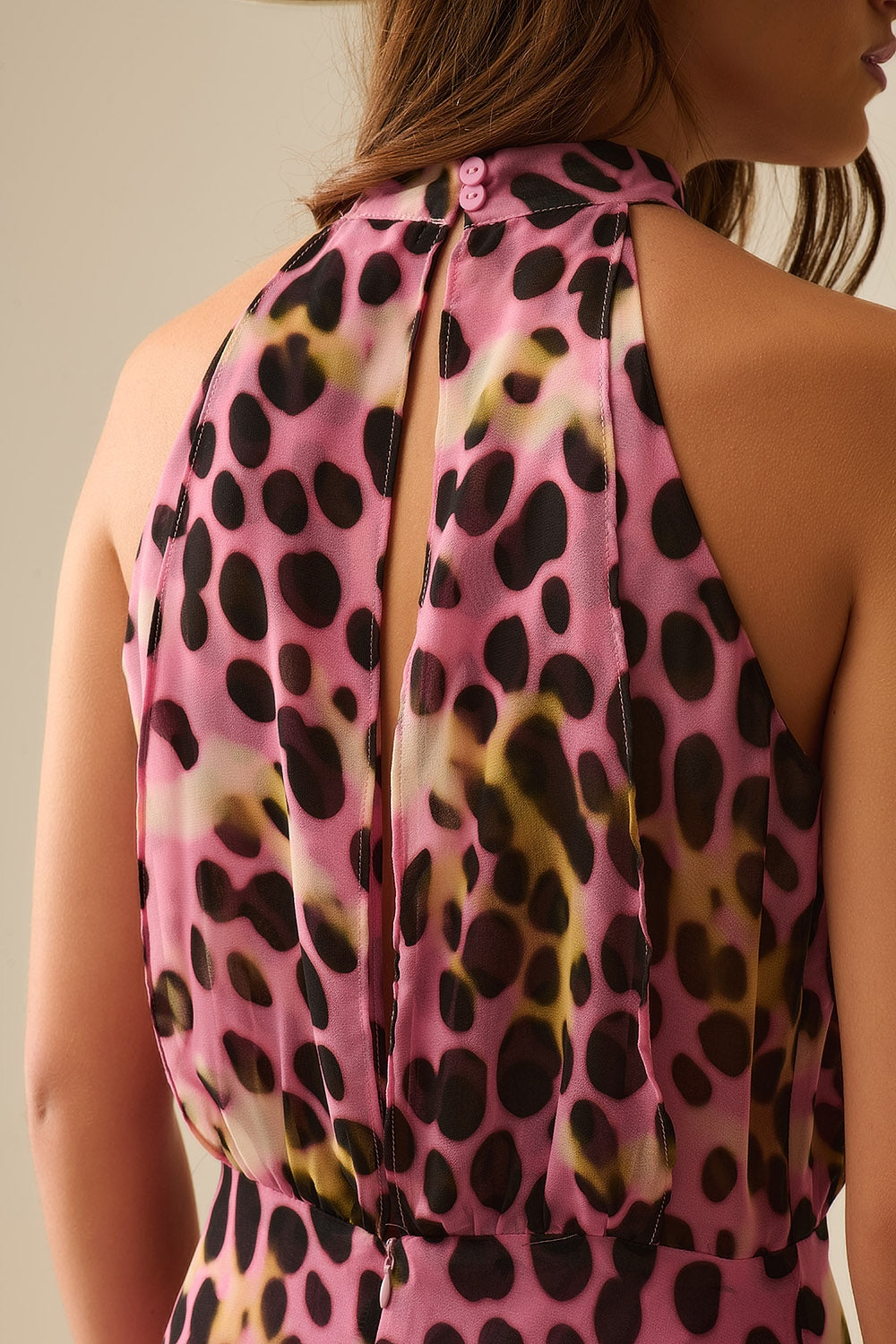 Crossed halter Neck Midi Dress in Pink and Black Animal Print - dress
