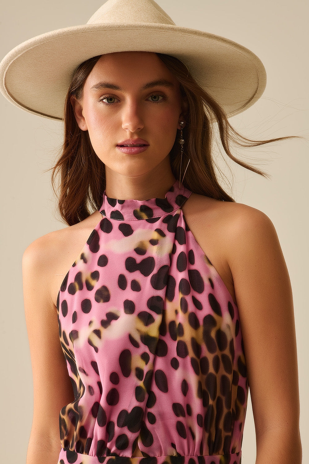 Crossed halter Neck Midi Dress in Pink and Black Animal Print - dress