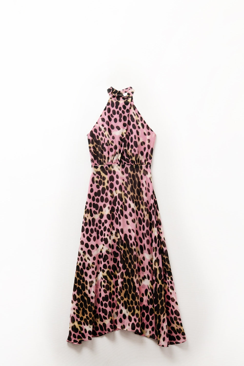Crossed halter Neck Midi Dress in Pink and Black Animal Print - dress