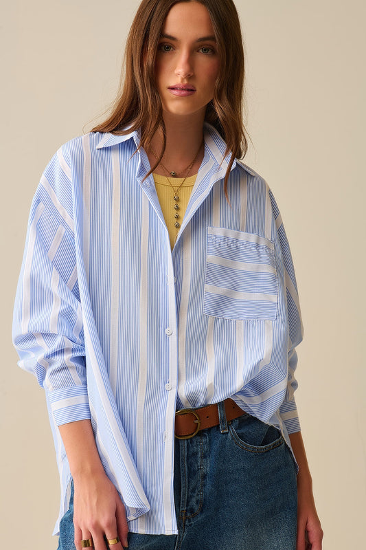 Blue and White relaxed fit Striped Shirt Tie at The Back - Shirts