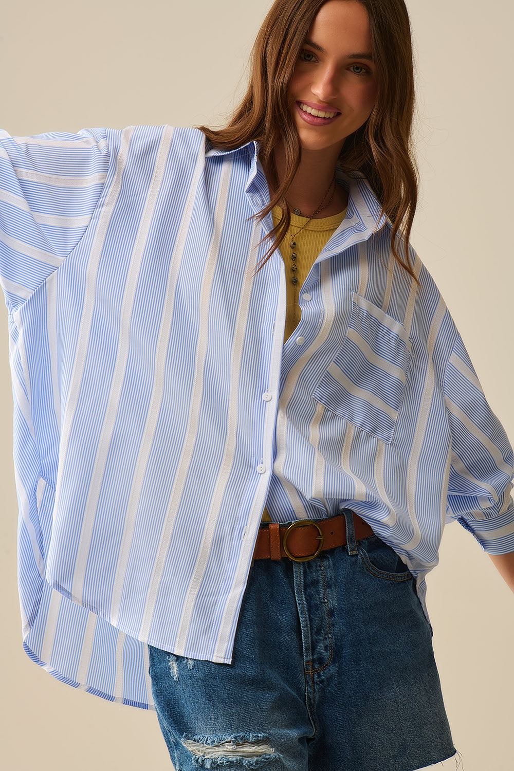Blue and White relaxed fit Striped Shirt Tie at The Back - Shirts