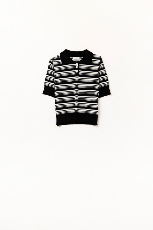 Black and White Striped Sweater With Polo Neck - Polos