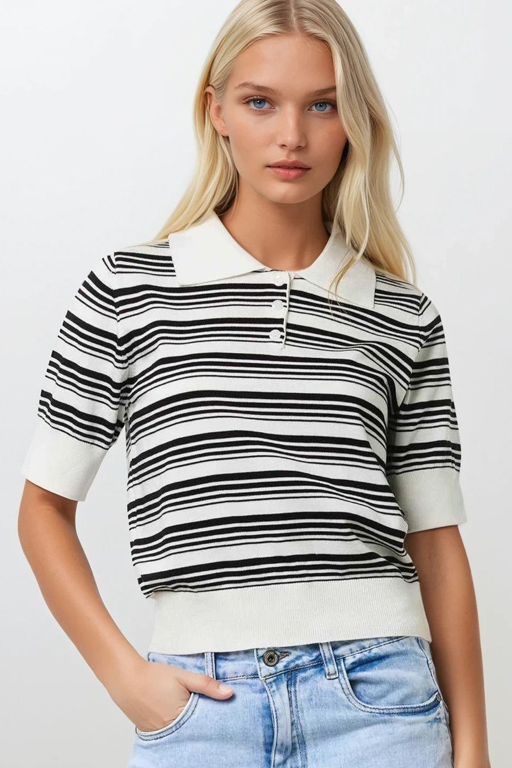 White and Black Striped Sweater With Polo Neck
