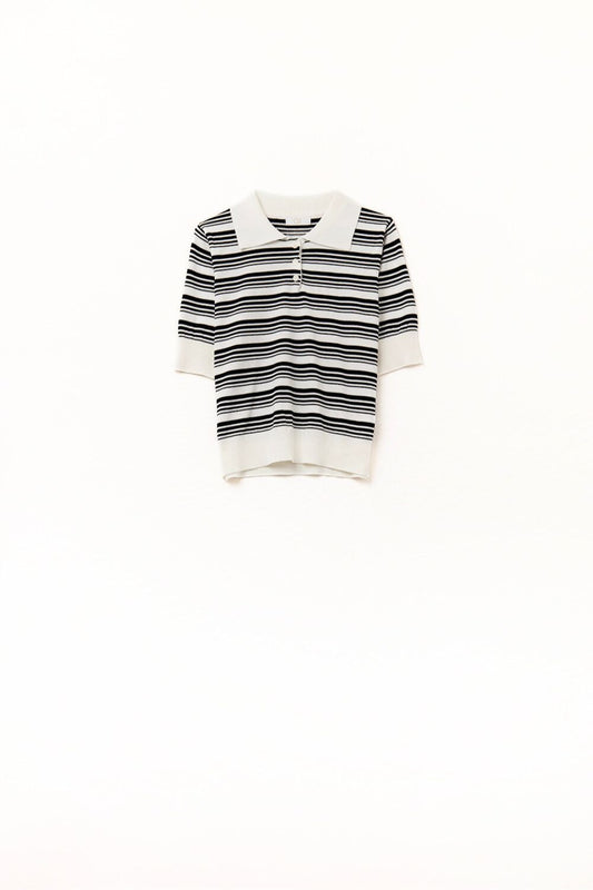 White and Black Striped Sweater With Polo Neck - Polos
