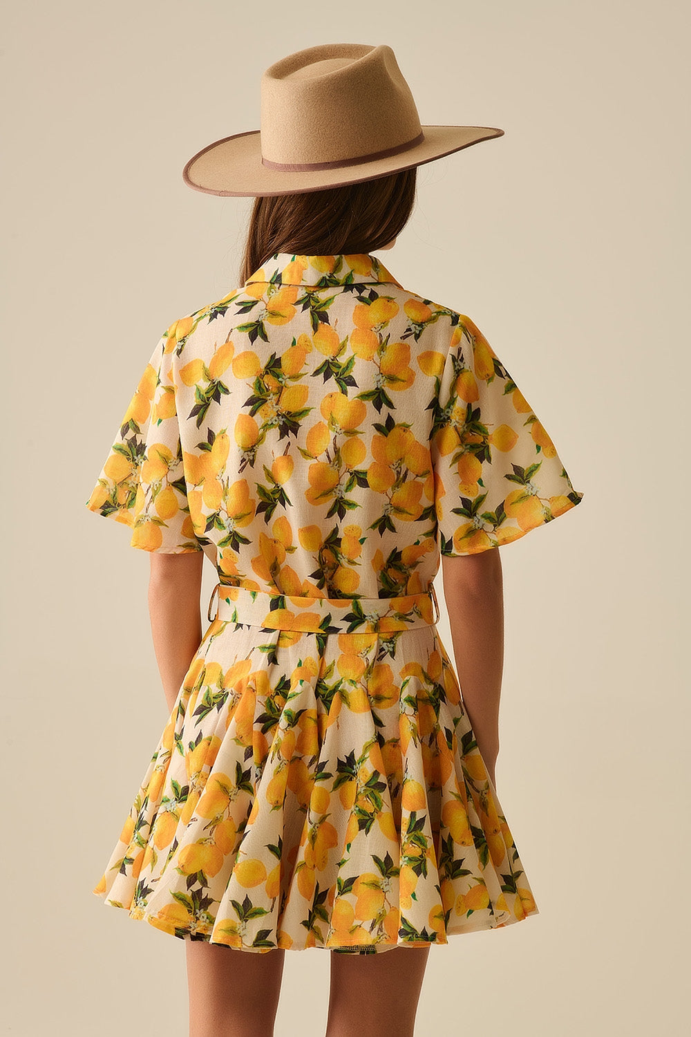 Romantic dress with waistband and lemon print and short sleeves - dress