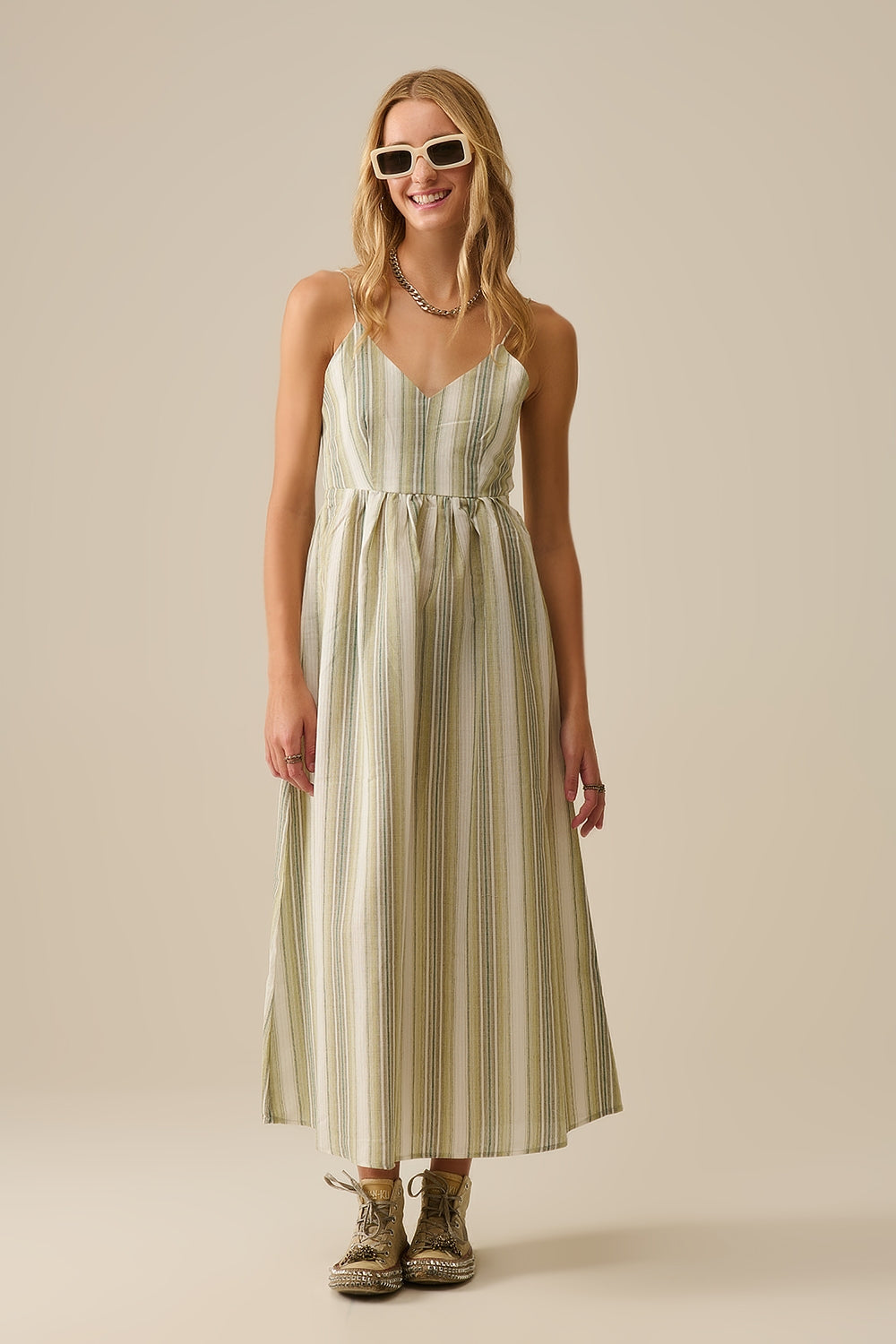 Striped V-Neck Strappy Dress in Green - dress
