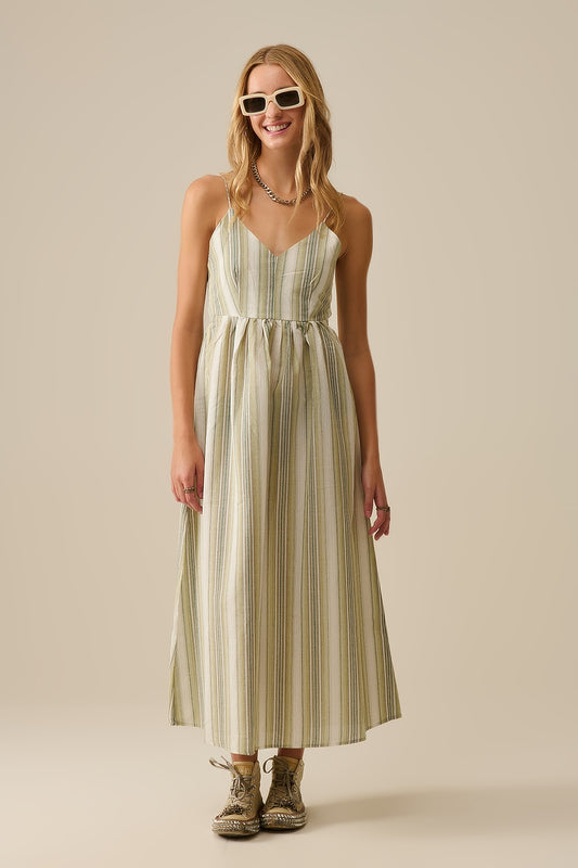 Striped V-Neck Strappy Dress in Green - dress