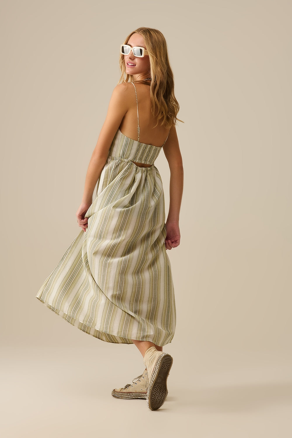 Striped V-Neck Strappy Dress in Green - dress