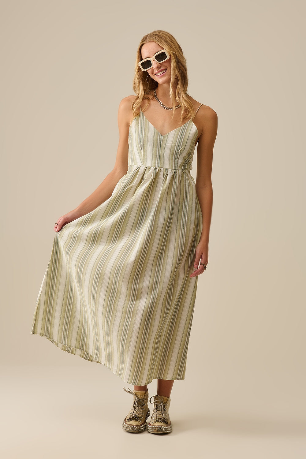 Striped V-Neck Strappy Dress in Green - dress