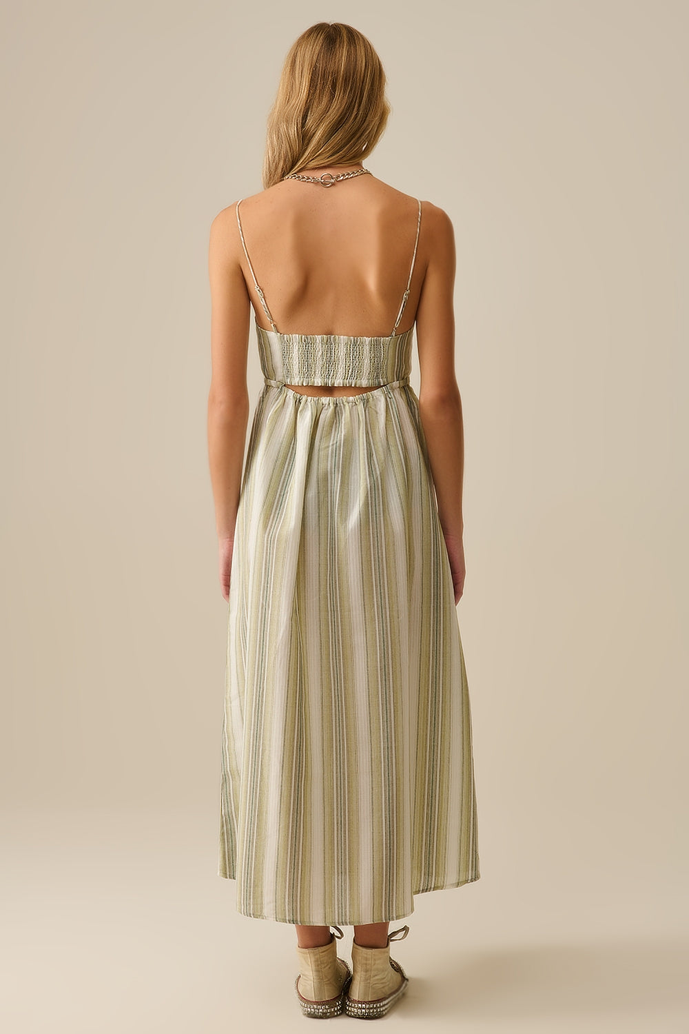 Striped V-Neck Strappy Dress in Green - dress