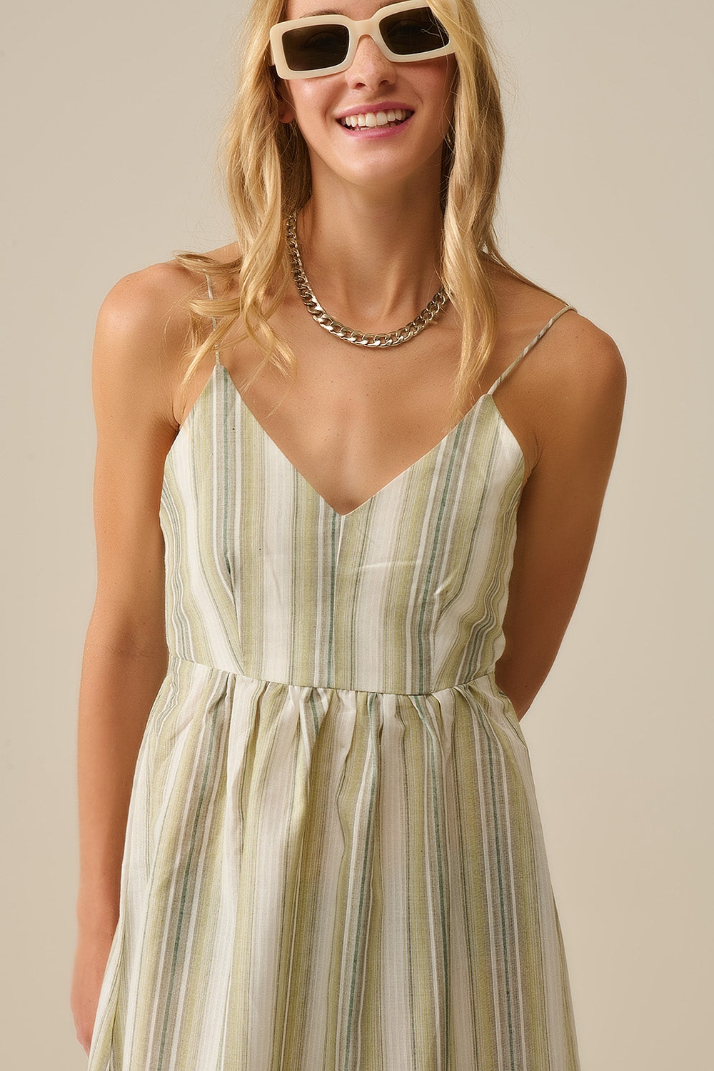 Striped V-Neck Strappy Dress in Green - dress