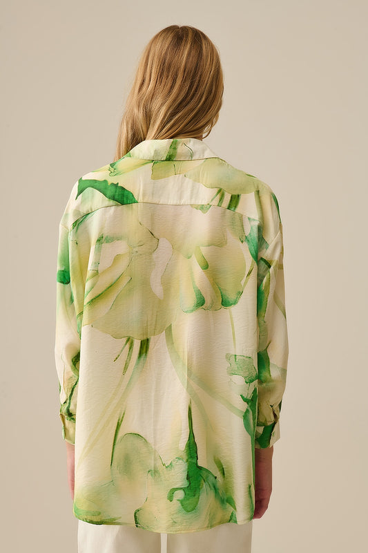 Watercolor Print Button-Down Blouse in Green - Shirts