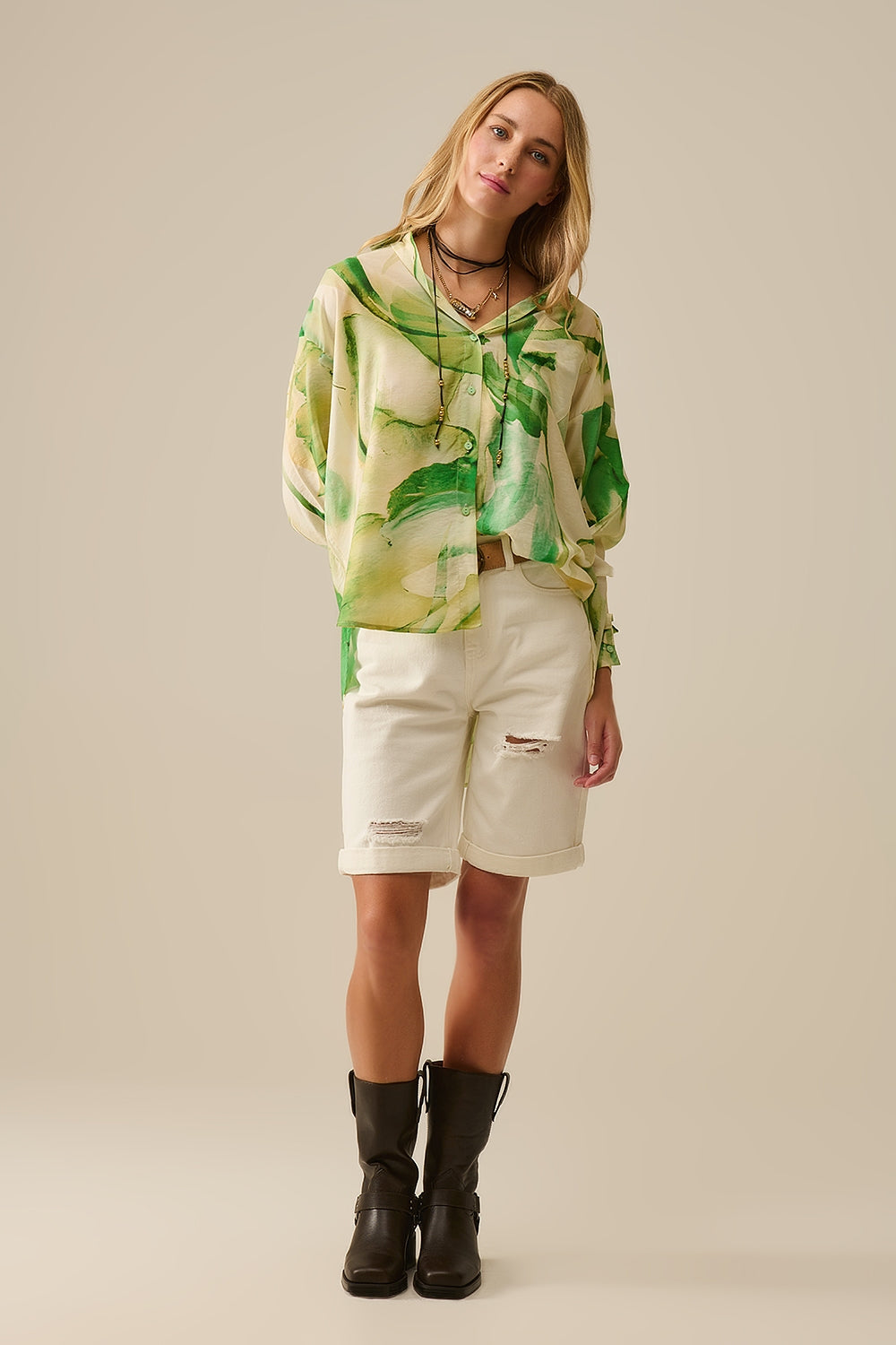 Watercolor Print Button-Down Blouse in Green - Shirts