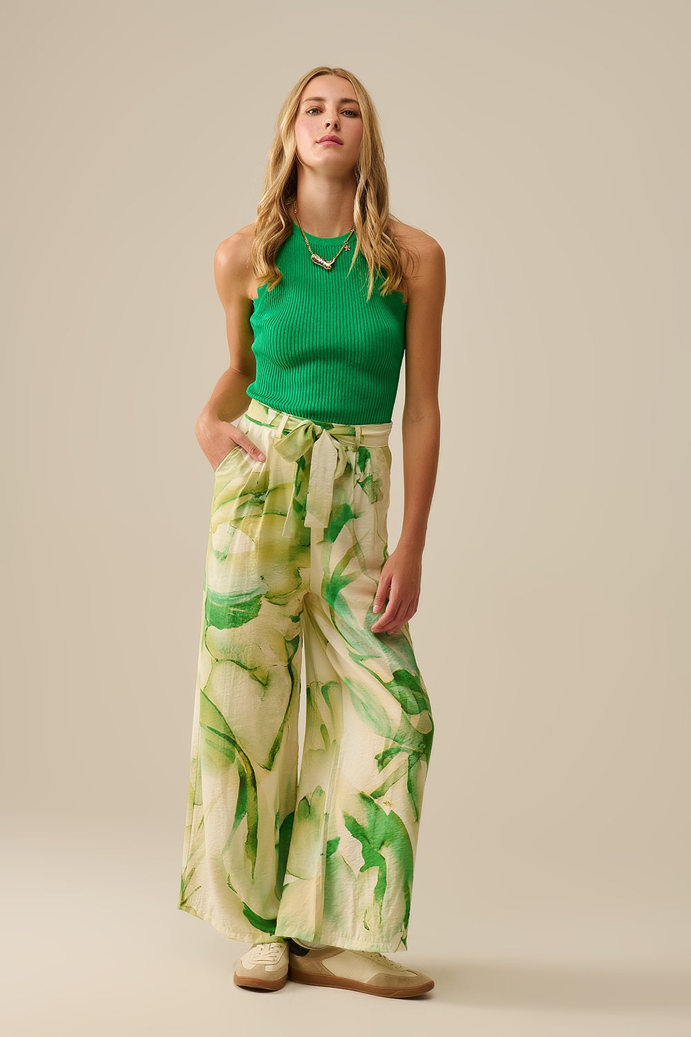 Green Tank Top with Ribbed Underarm Detail