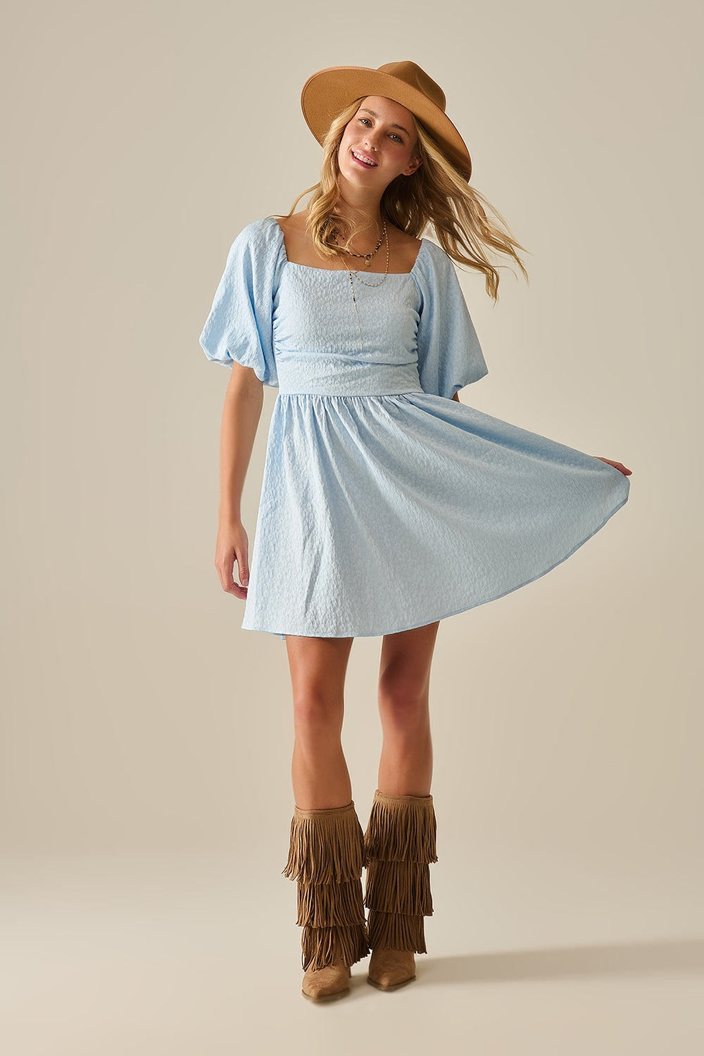 Puff Sleeve Textured Mini Dress in Light Blue - dress