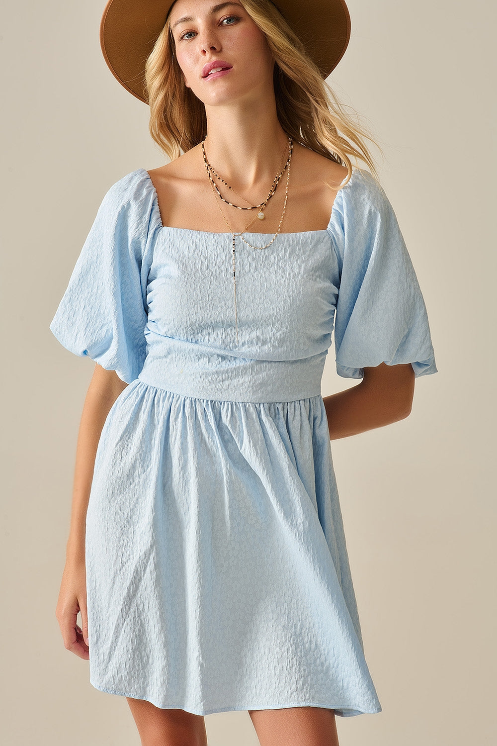 Puff Sleeve Textured Mini Dress in Light Blue - dress