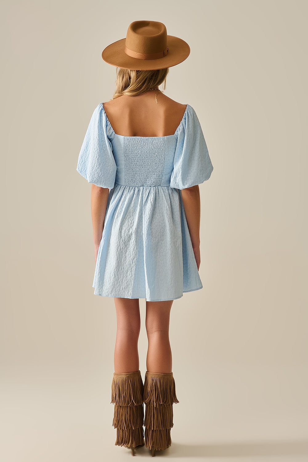 Puff Sleeve Textured Mini Dress in Light Blue - dress
