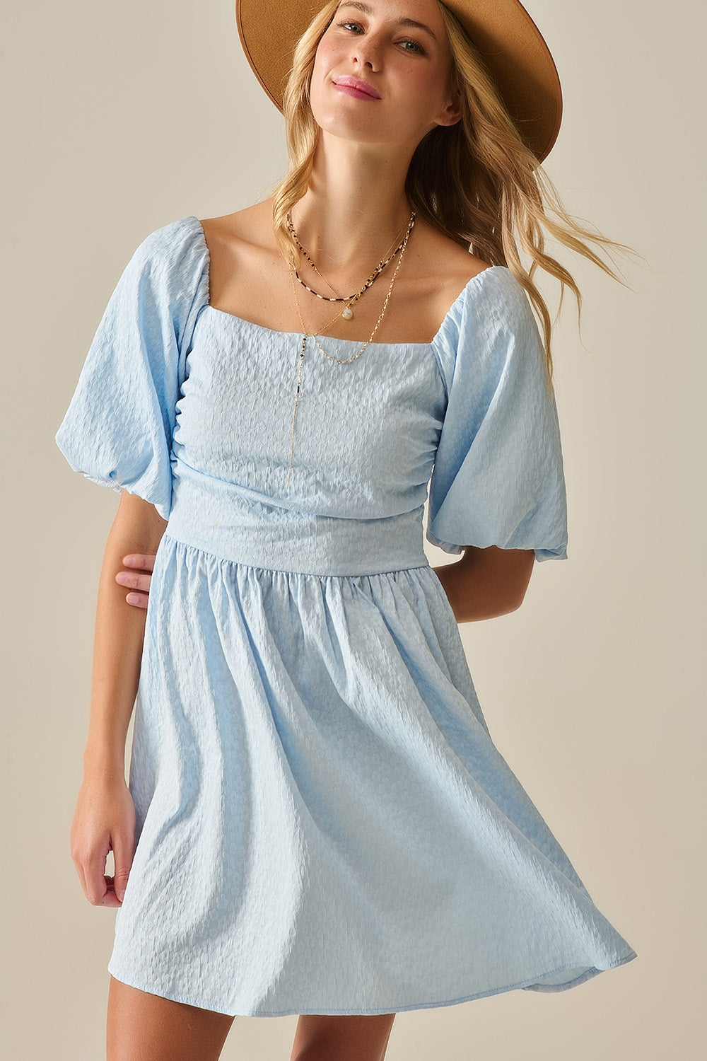Puff Sleeve Textured Mini Dress in Light Blue - dress