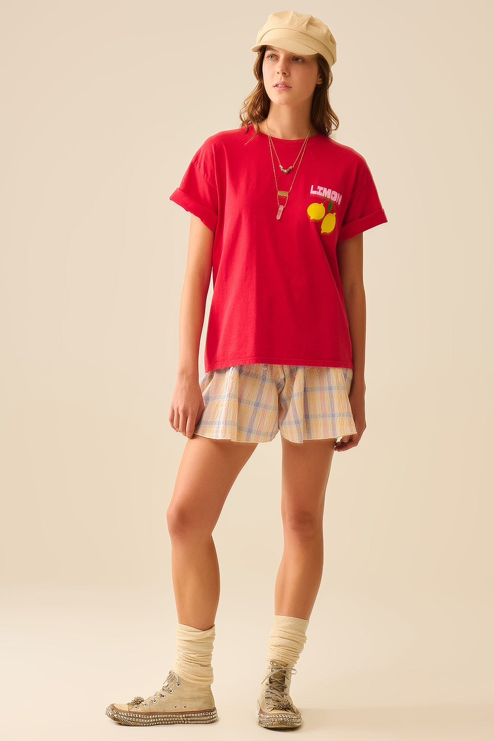 Checkered flowy short with Drawstring Waistband Multi-color - trousers