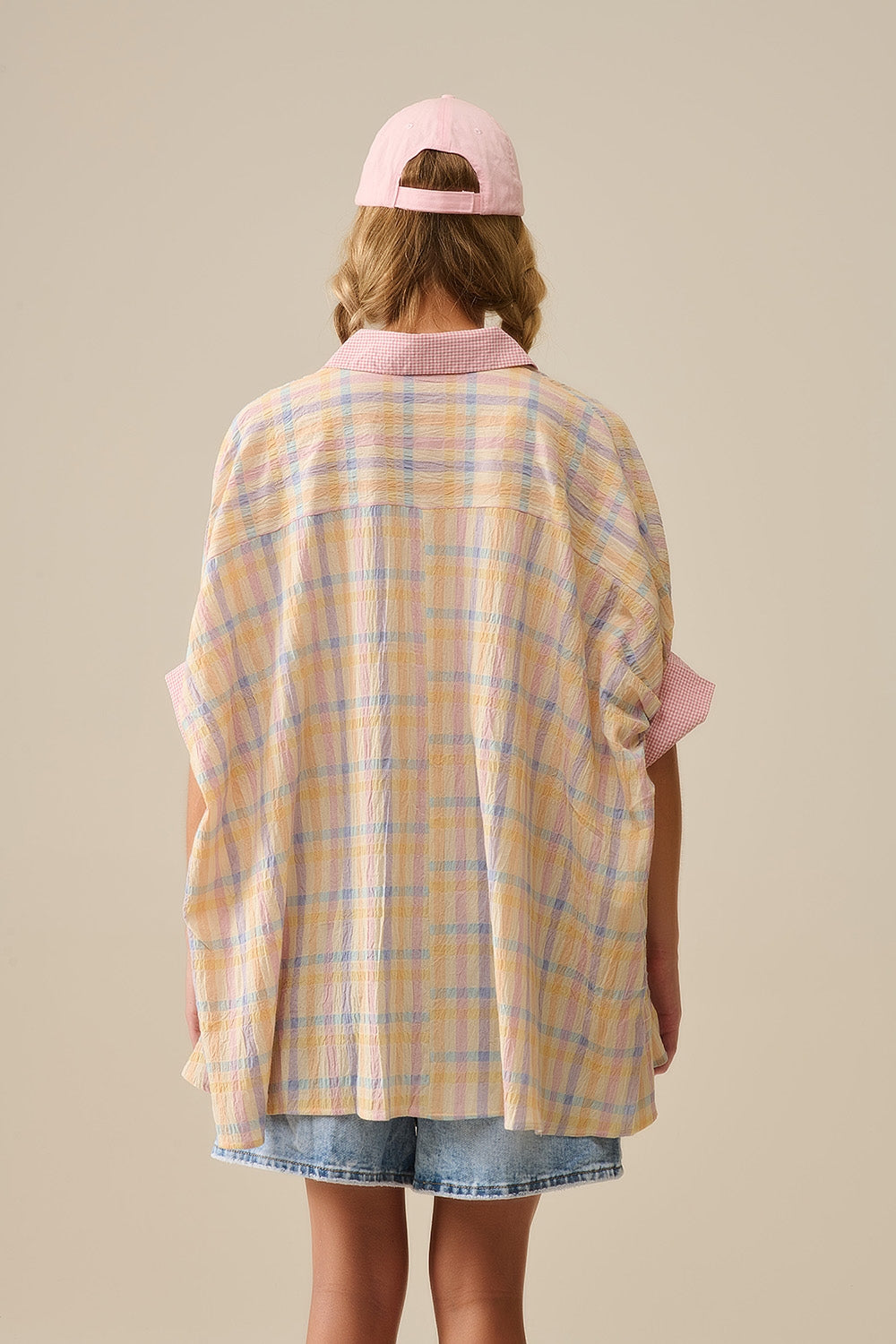 Oversized Flowy Blouse with Checked Contrast - Shirts